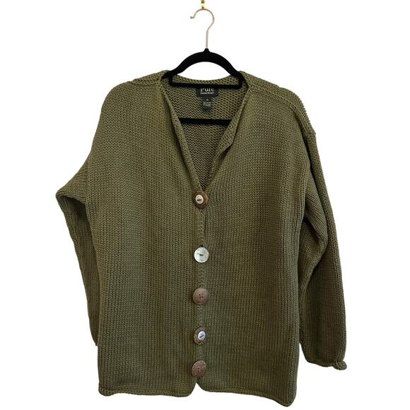 Pure Handknit Long Sleeve Cozy Cardigan Olive Green 1X With Eclectic Buttons - Picture 1 of 12